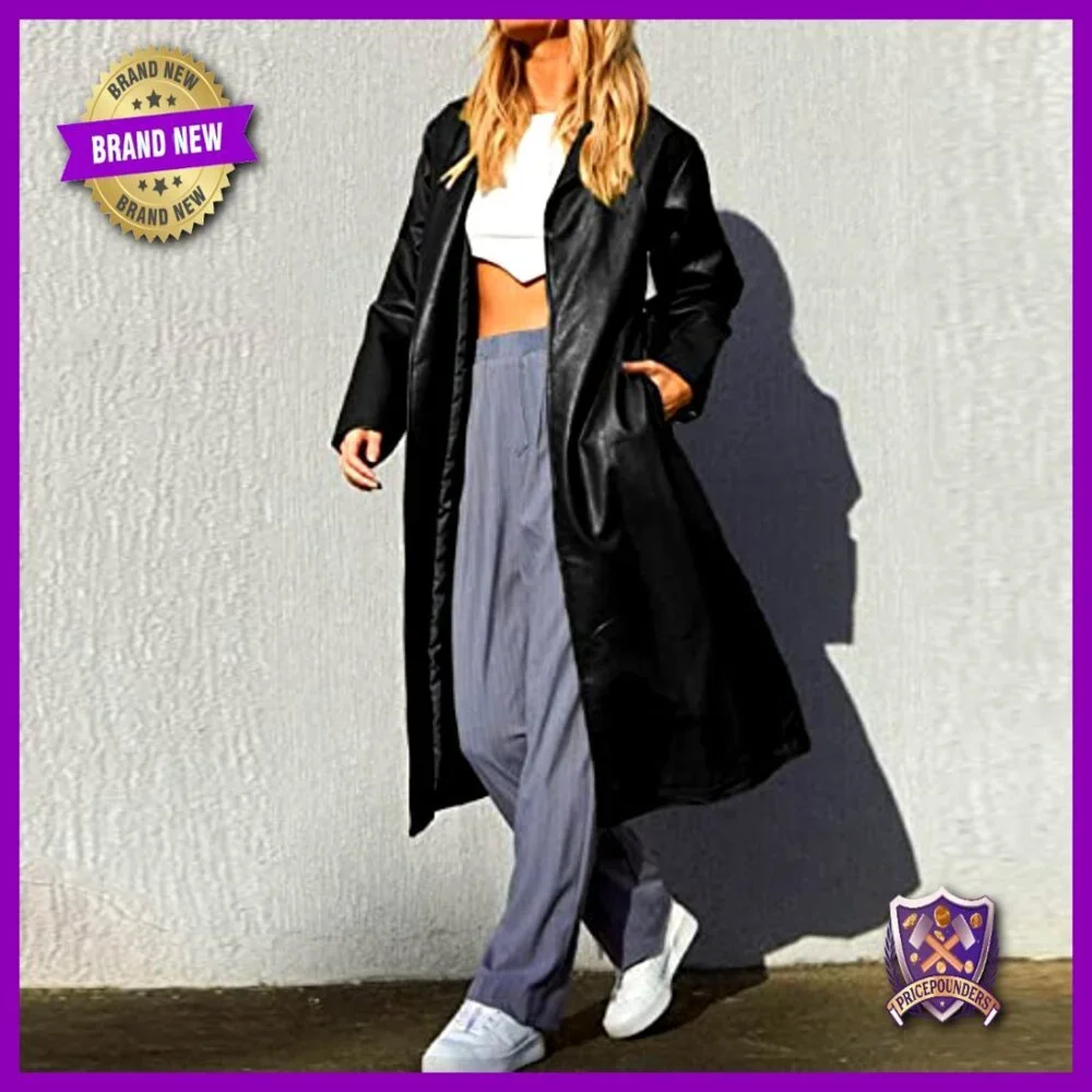 Faux Leather Trench Coat Lapel Open Front Belted Elegant Chic Street Style